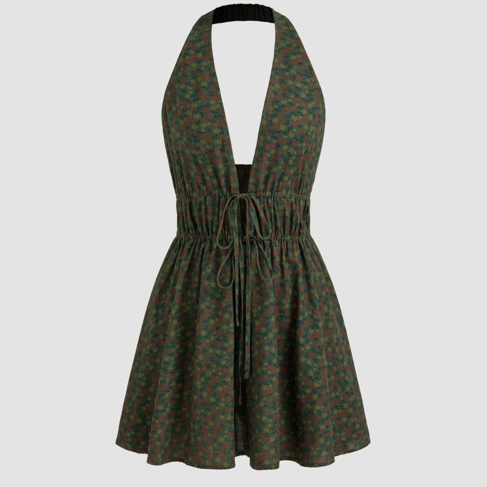 Cider Cotton-blend Halter Floral Knotted Mini Dress